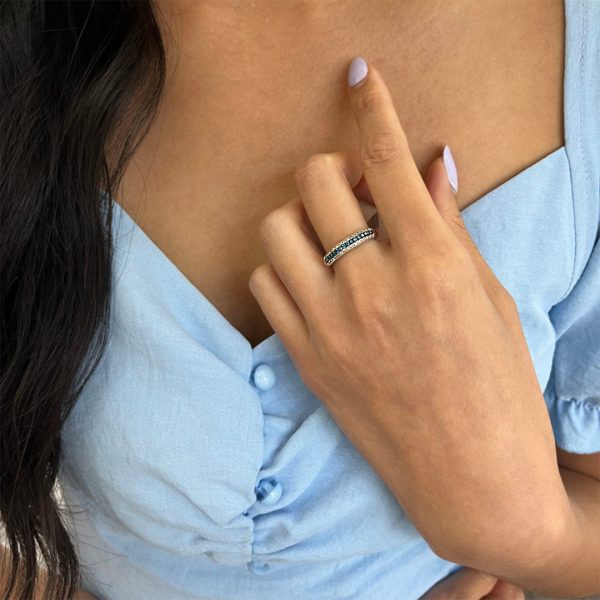 Silver Linear Blue and White Diamond Ring on Sale