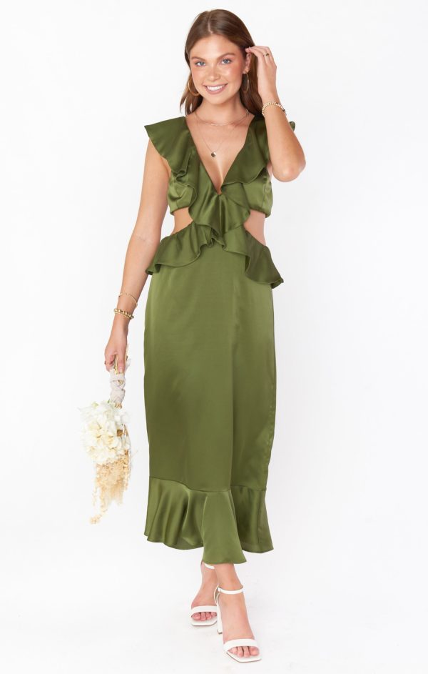 Zoey Midi Dress ~ Rich Olive Luxe Satin For Sale