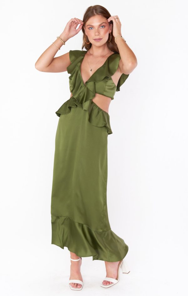 Zoey Midi Dress ~ Rich Olive Luxe Satin For Sale